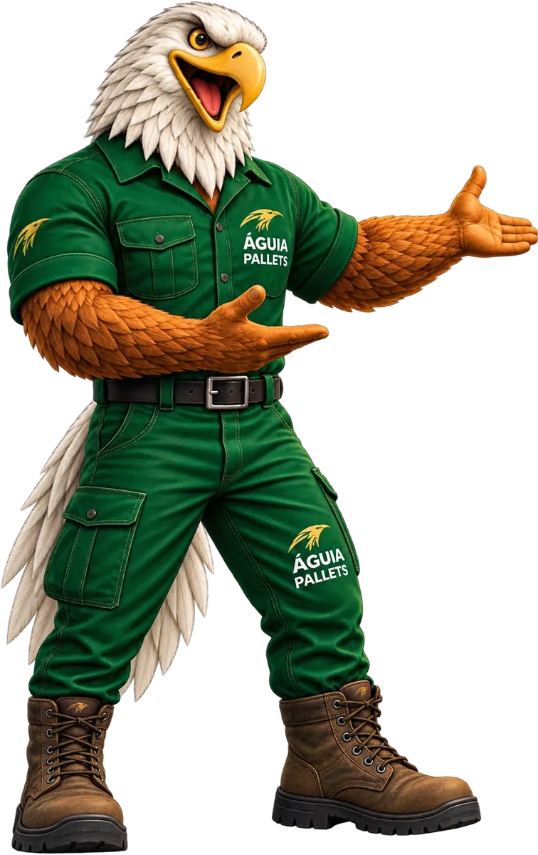 Mascote da Águia Pallets, uma águia de uniforme verde apresentando a empresa